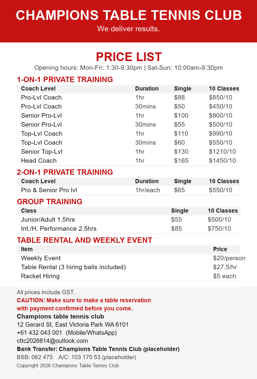 Champions Table Tennis Club price list