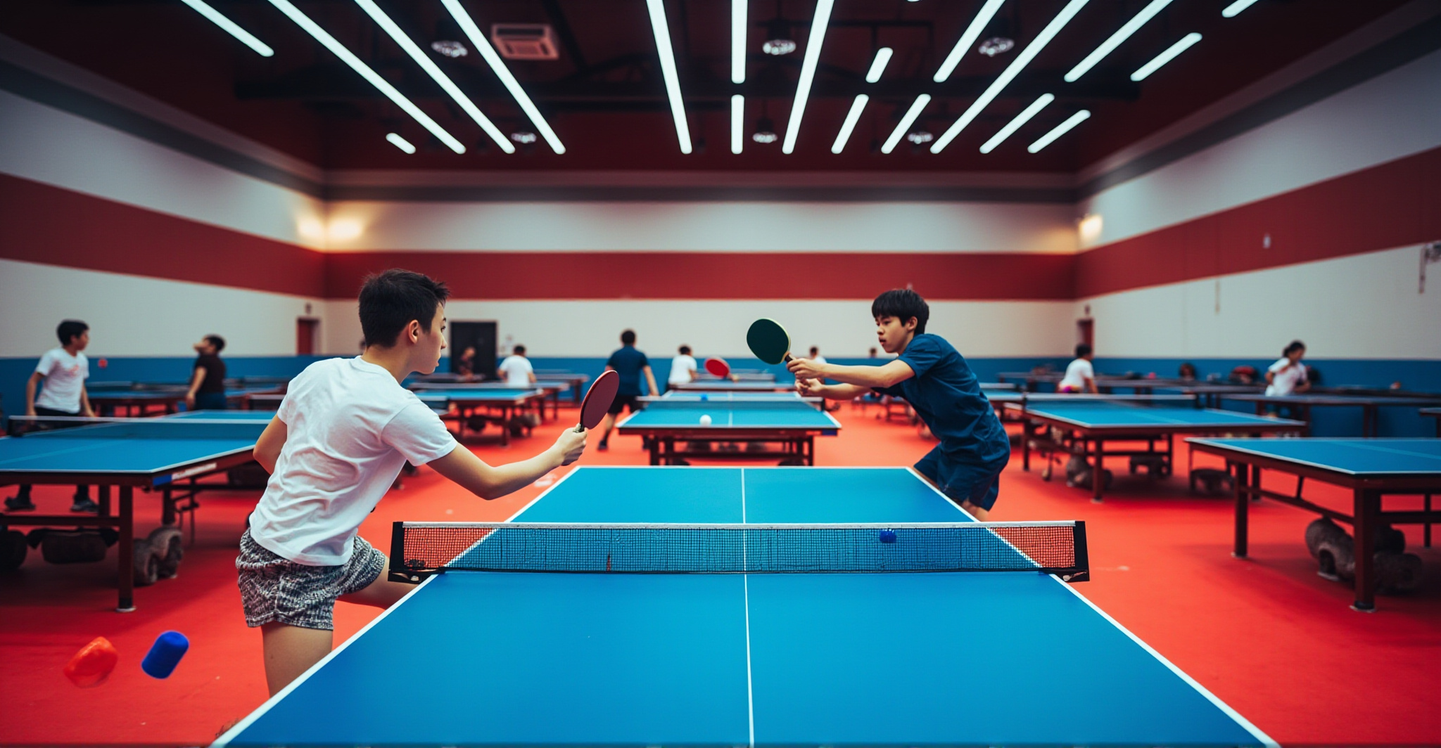 Kids rallying across the tables of a busy table tennis training hall